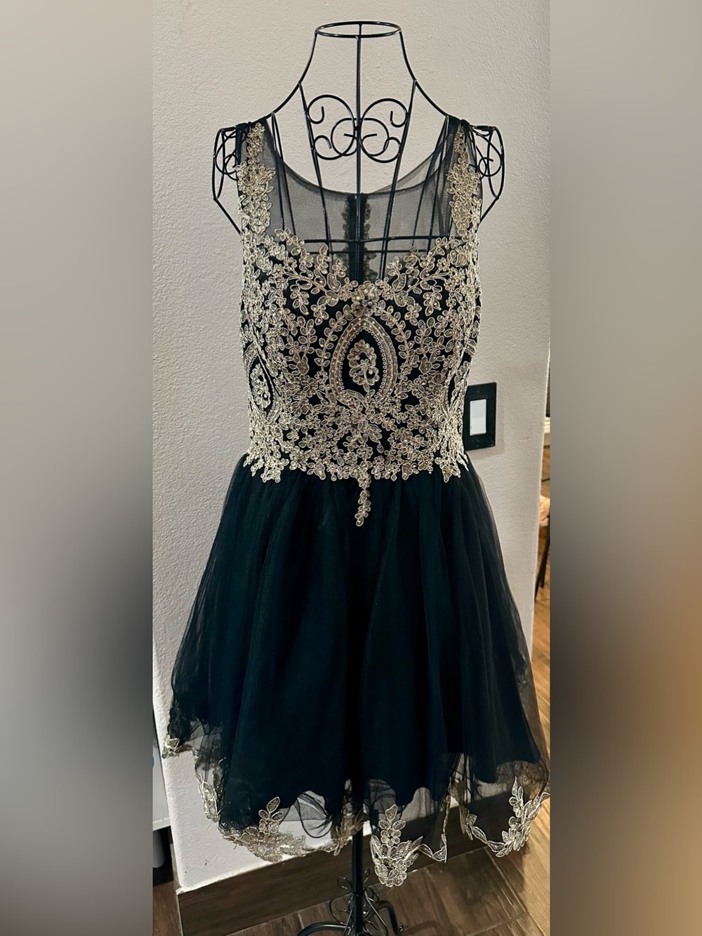 May Queen Black Tulle Dress with Gold Lace Appliqué